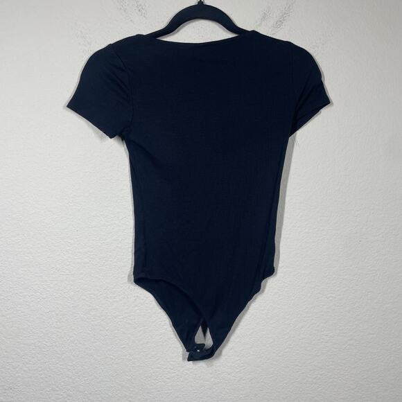 Vici Womens Size Small Square Neck Rib Playsuit Bodysuit Black Short Sleeves - Picture 2 of 8